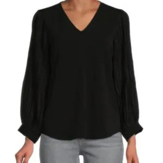 Adrianna Papell Black Pleated Puff Sleeve Sweater/Top